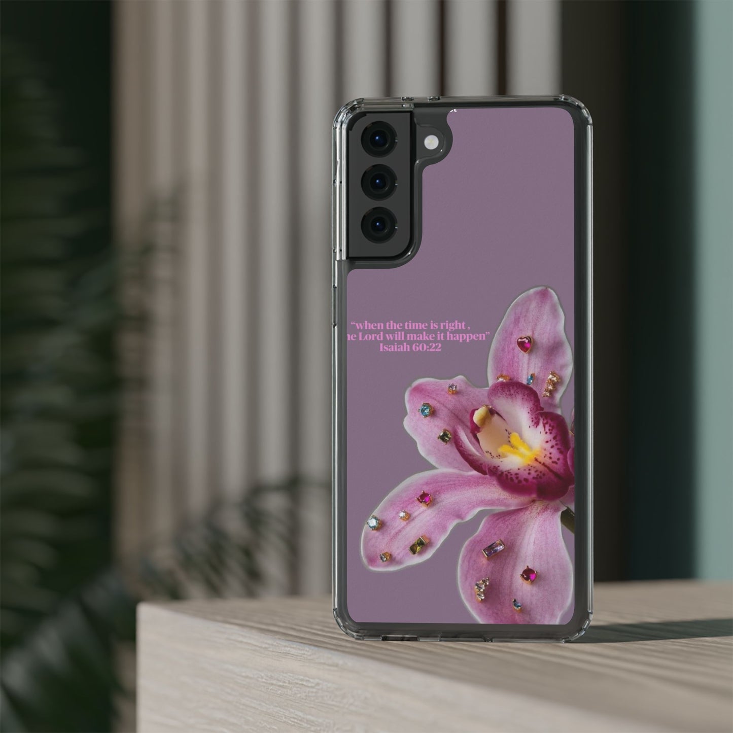 Clear Floral Impact-Resistant Phone Case — "When the time is right" Rose Orchid Design
