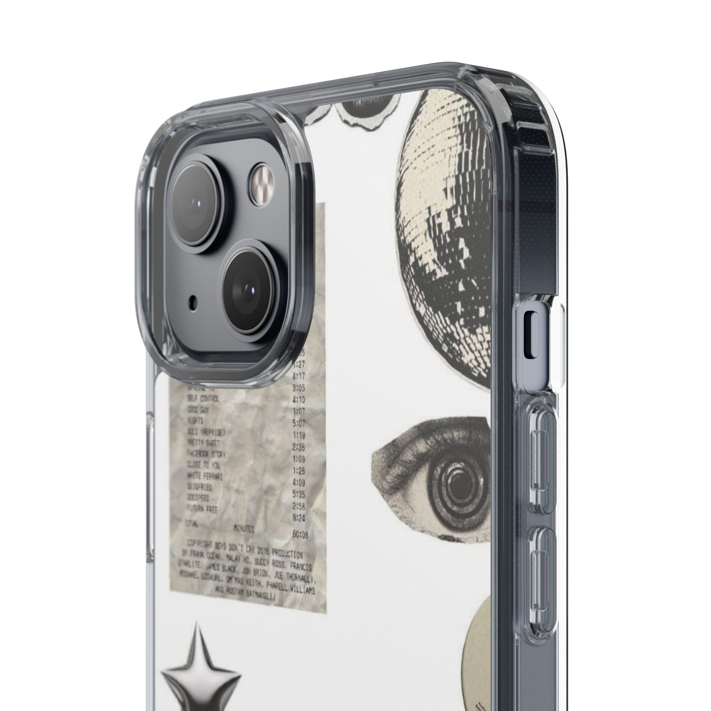 Clear Phone Case — Vintage Collage Stickers (Moon, Eye, Car, Cherries)