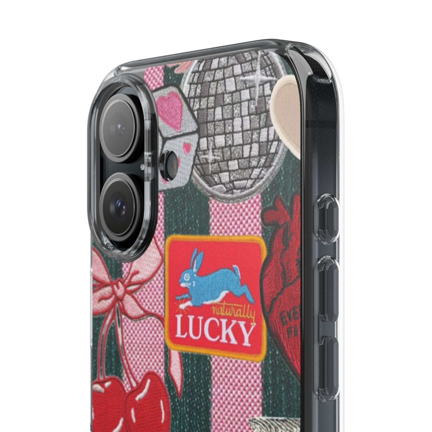 Clear Impact-Resistant Phone Case — Retro Patchwork Stickers (Lucky, Cherries, Silly Goose)