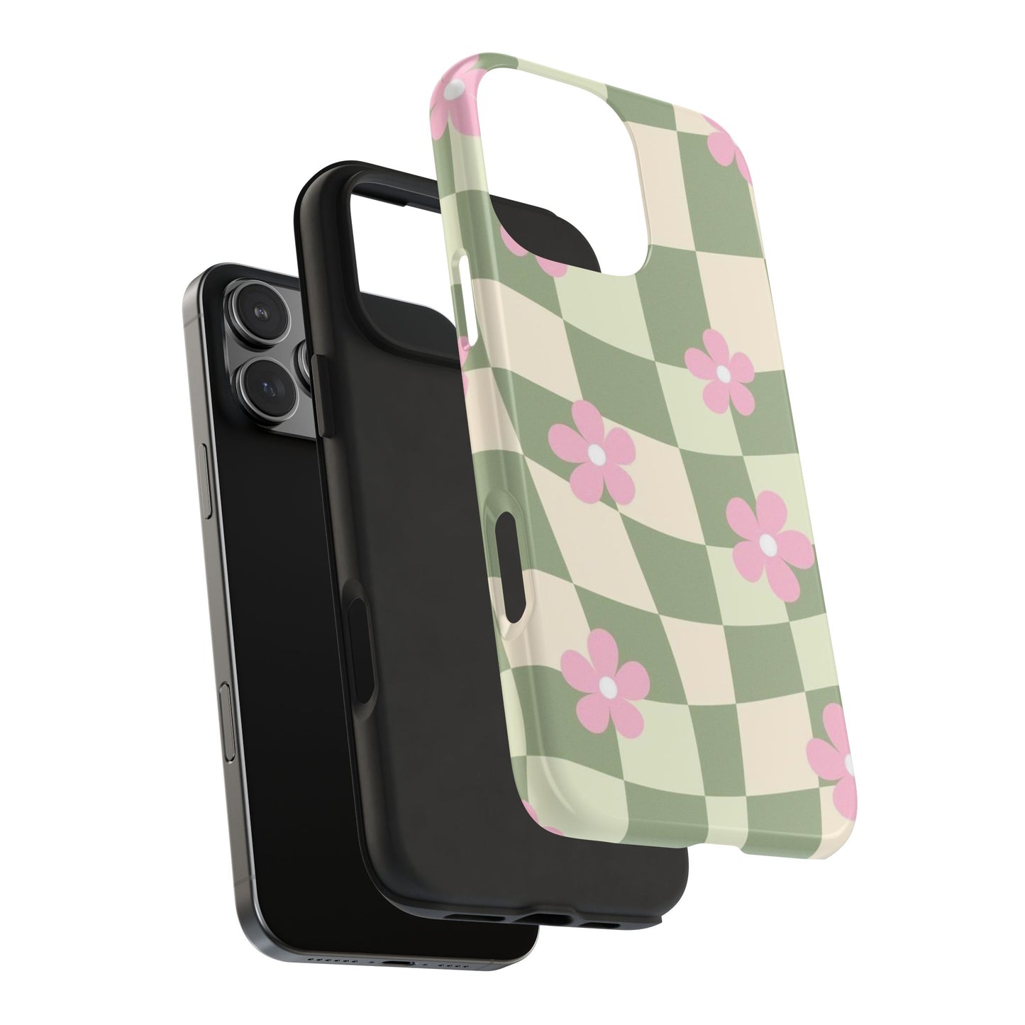Tough Phone Case — Retro Green Checkerboard with Pink Flowers