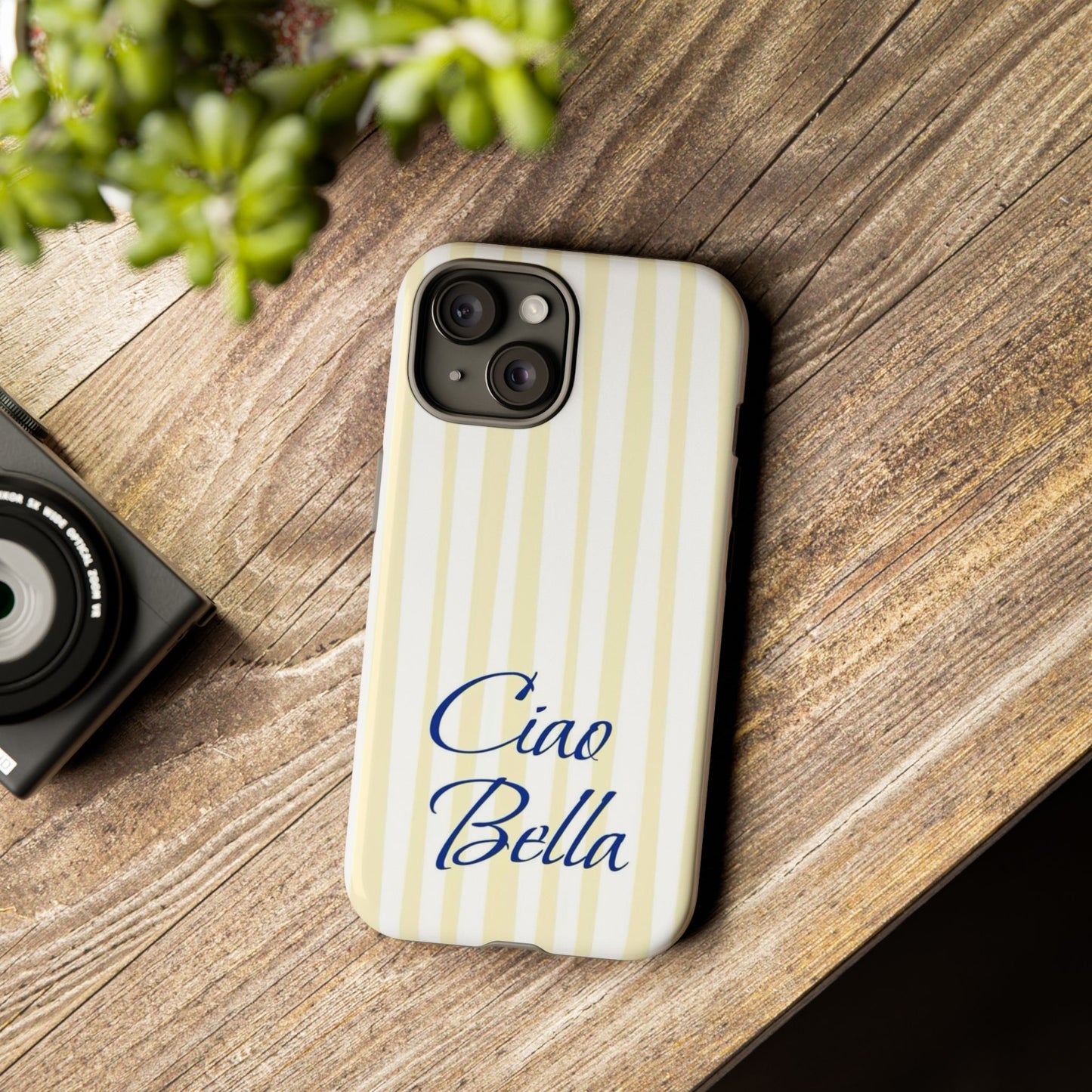 Ciao Bella Phone Case – Striped Elegant Italian Script Protective Cover