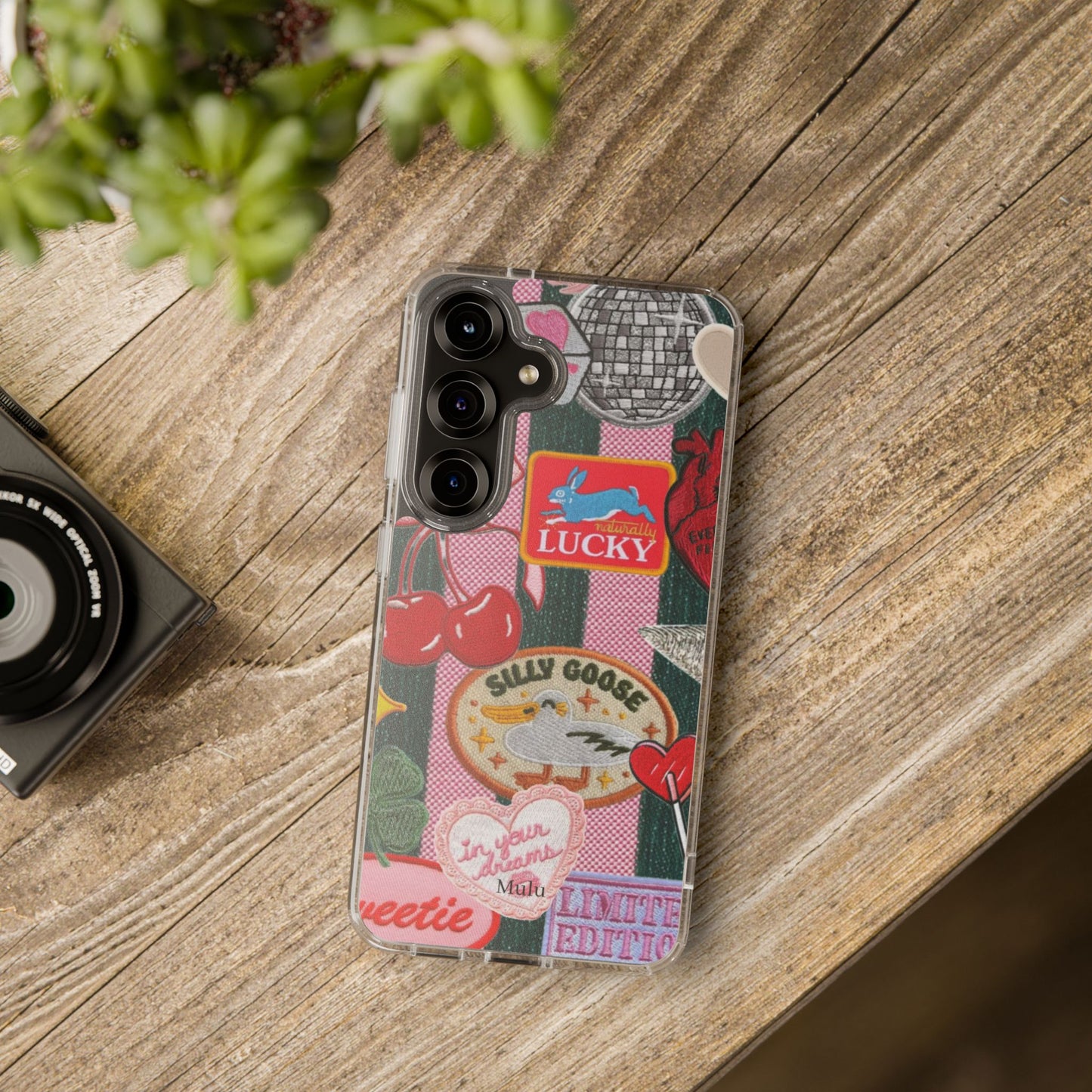 Clear Impact-Resistant Phone Case — Retro Patchwork Stickers (Lucky, Cherries, Silly Goose)