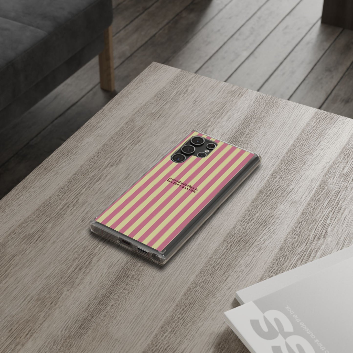 Striped Clear Phone Case — "A Good Mindset Is Key for a Good Life" Motivational iPhone Case