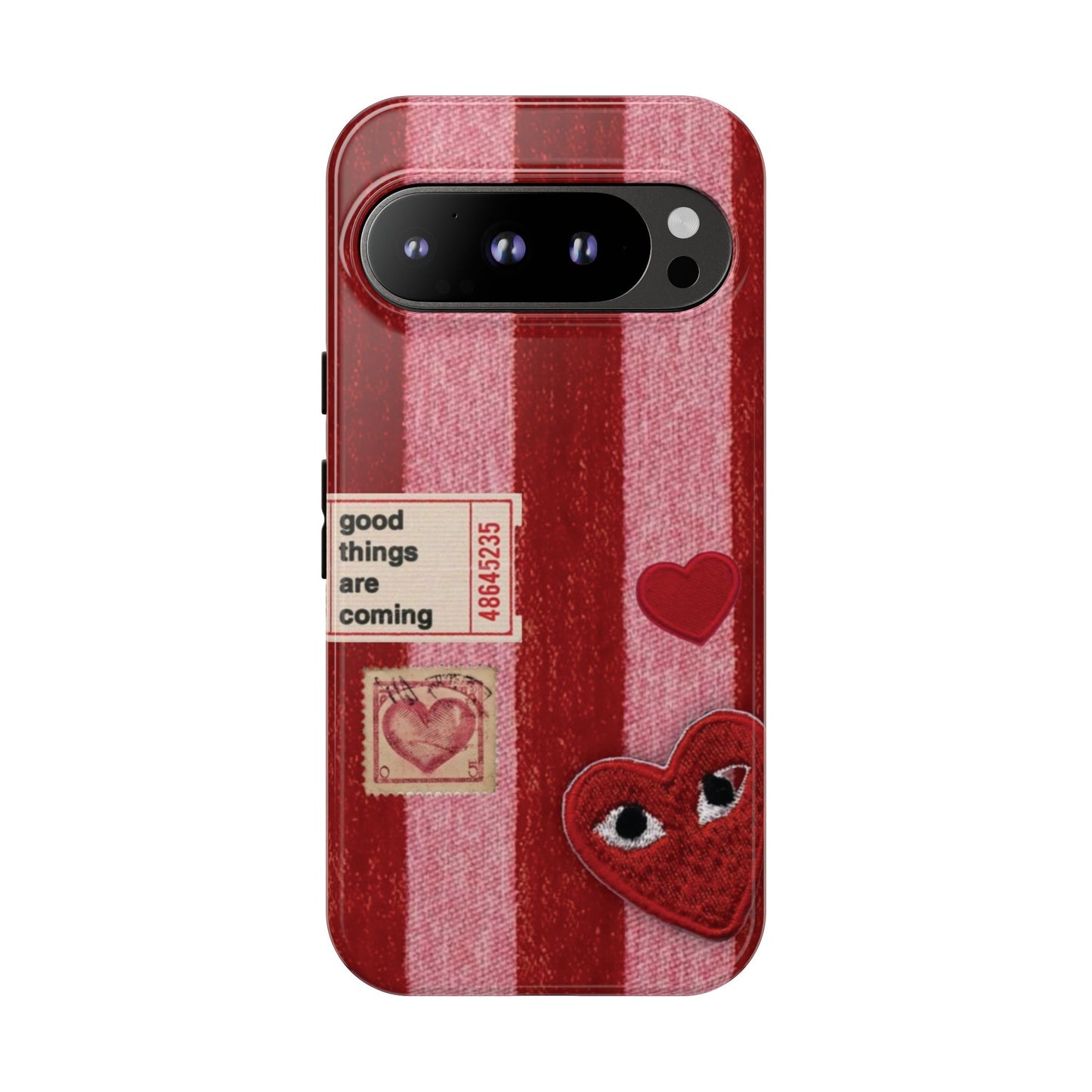 Phone Case — Red Striped Heart Design with “Good Things Are Coming”