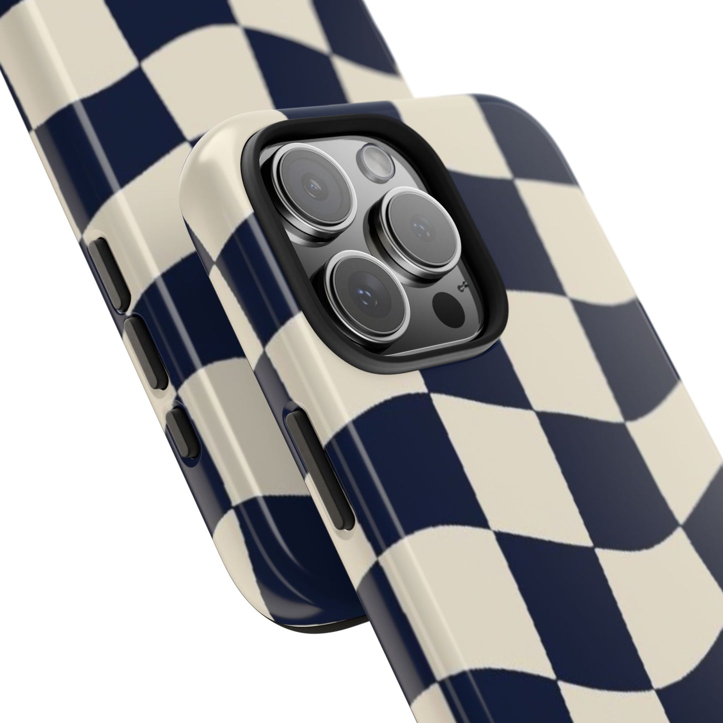 Wavy Checkerboard Tough Phone Case — Navy & Cream Protective Cover