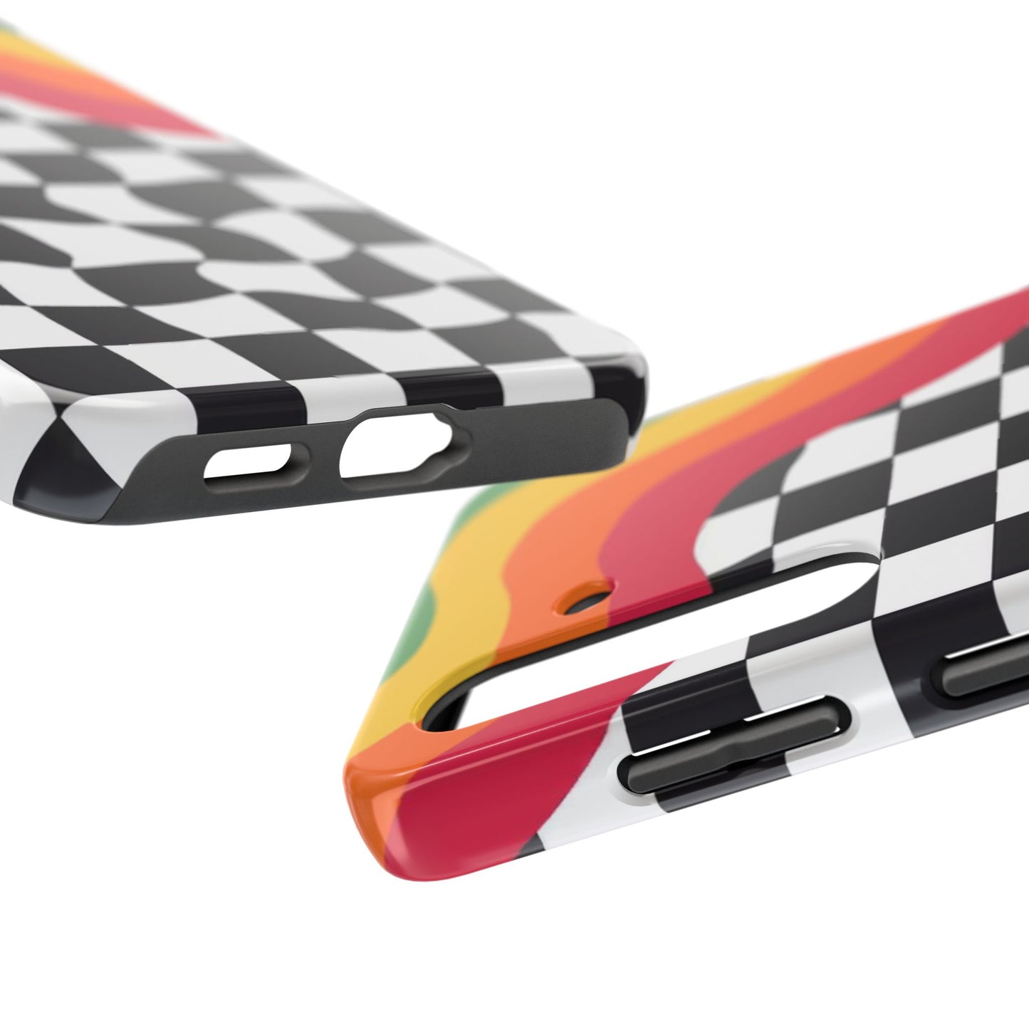 Retro Wavy Checkerboard Tough Phone Case — Rainbow Surf Skate Design