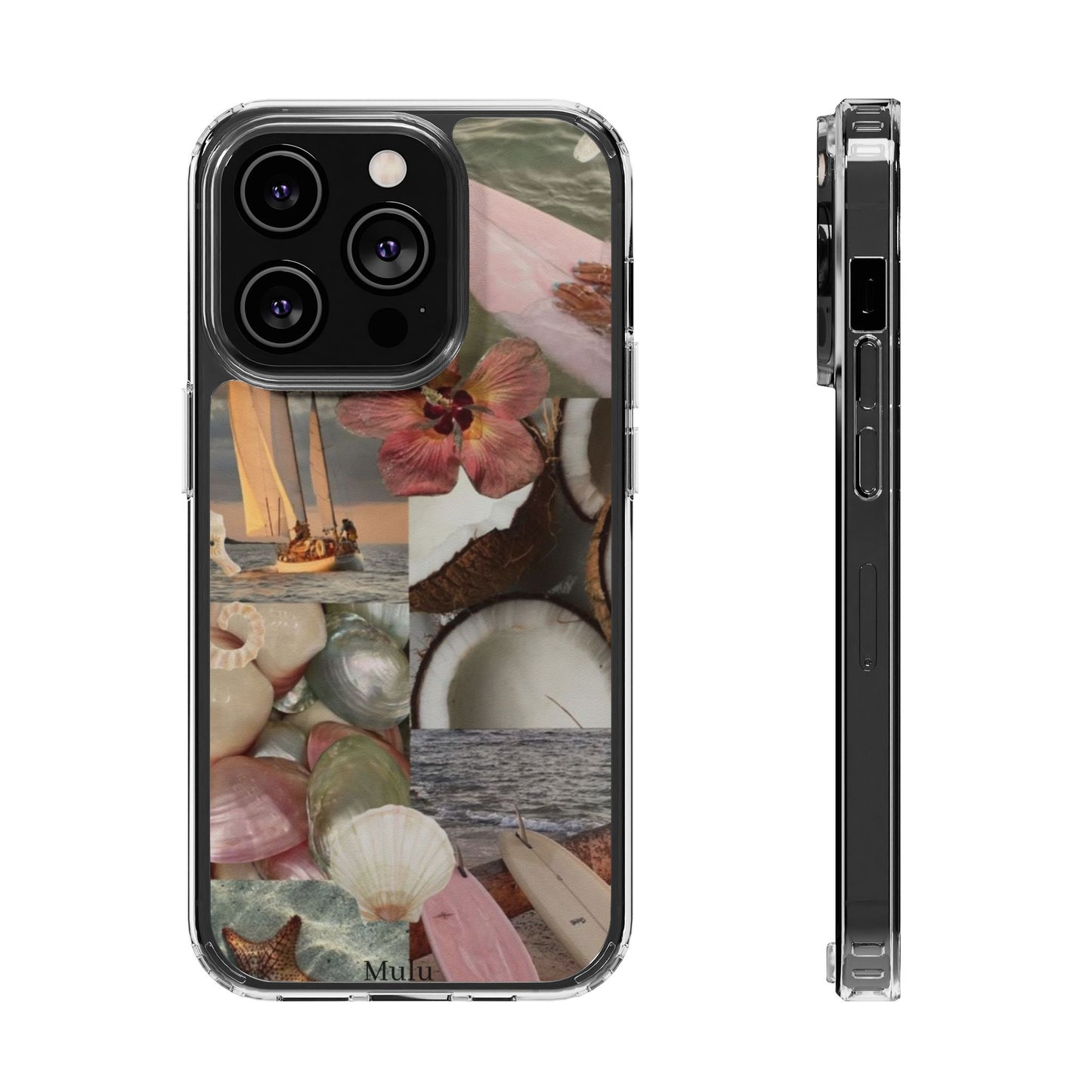 Clear Phone Case — Coastal Collage Shells & Surf Design