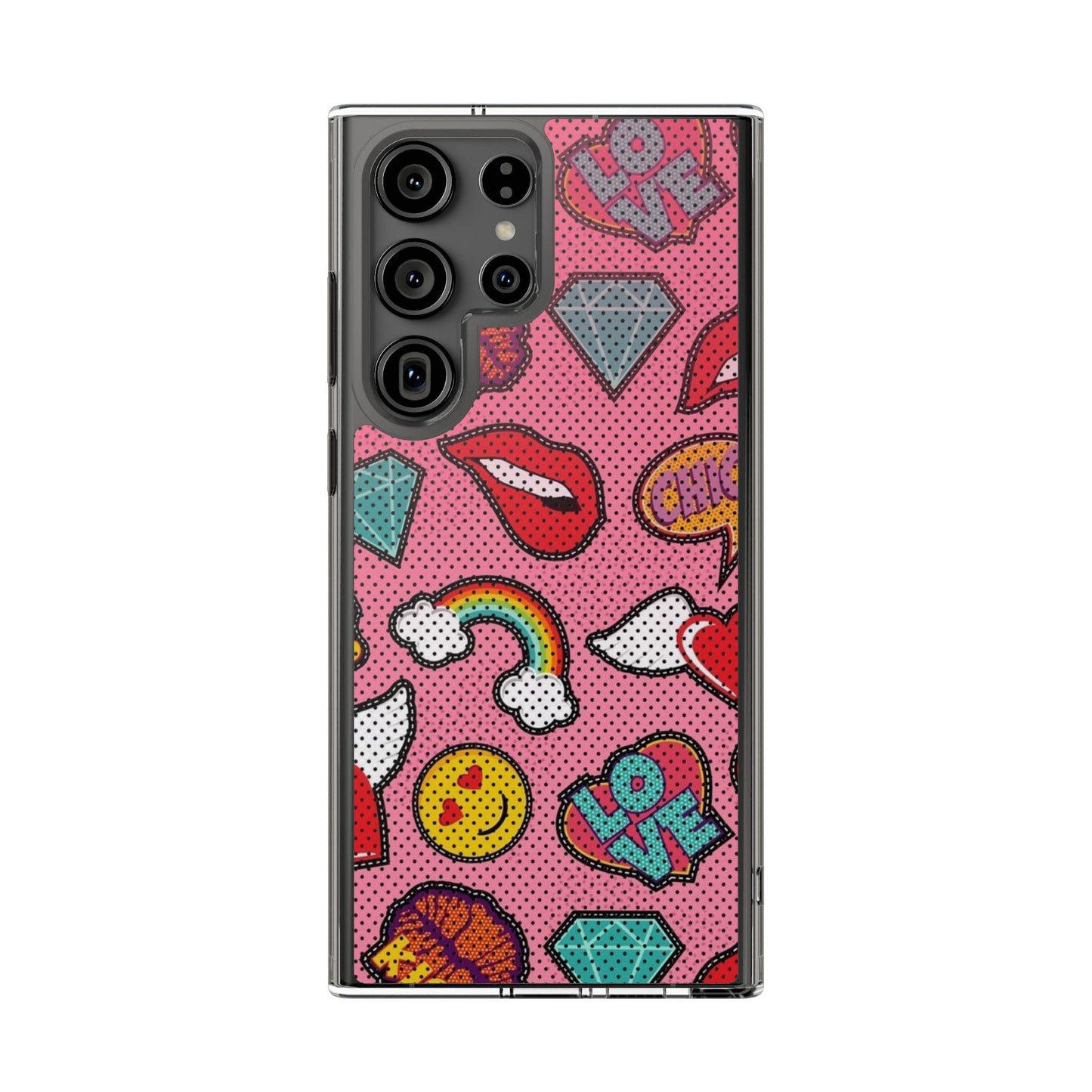 Clear Impact-Resistant Phone Case — Pink Pop Sticker Pattern (Hearts, Rainbows, Smileys)