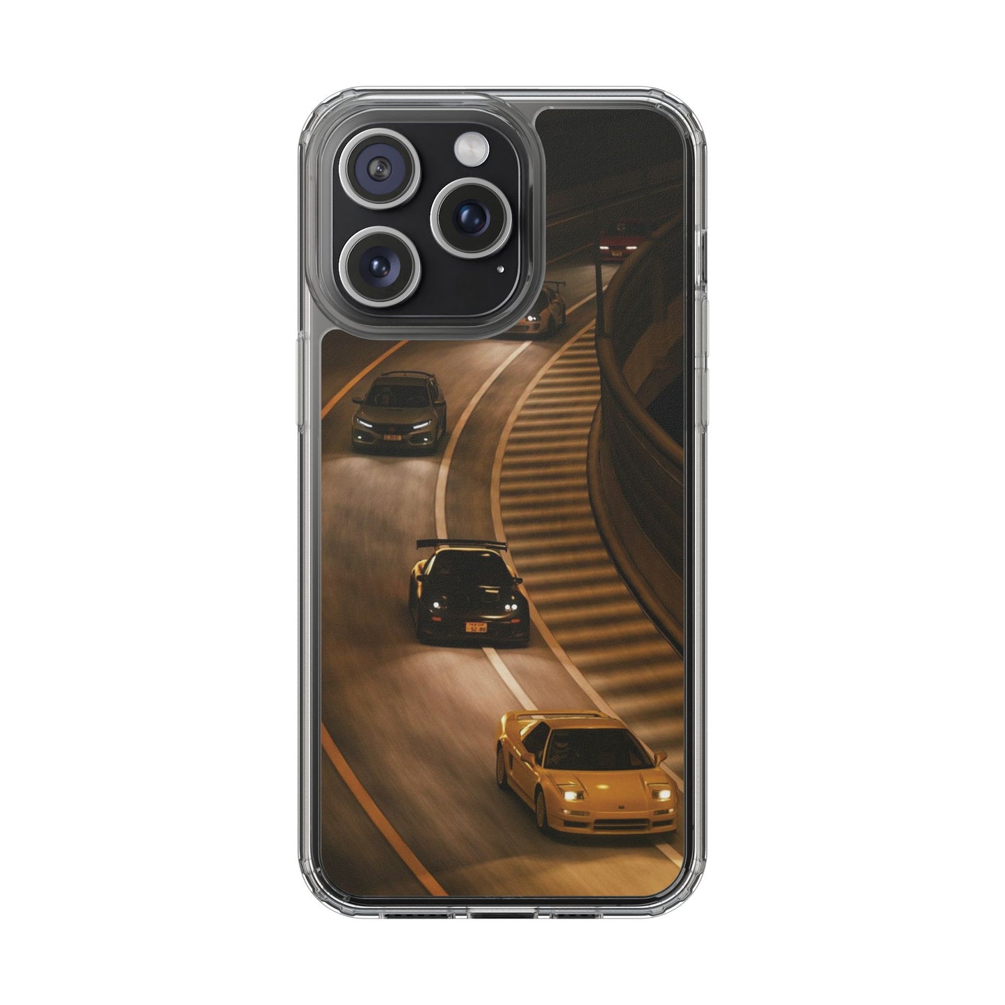 Racing Night Clear Phone Case – Sports Cars on Curved Highway