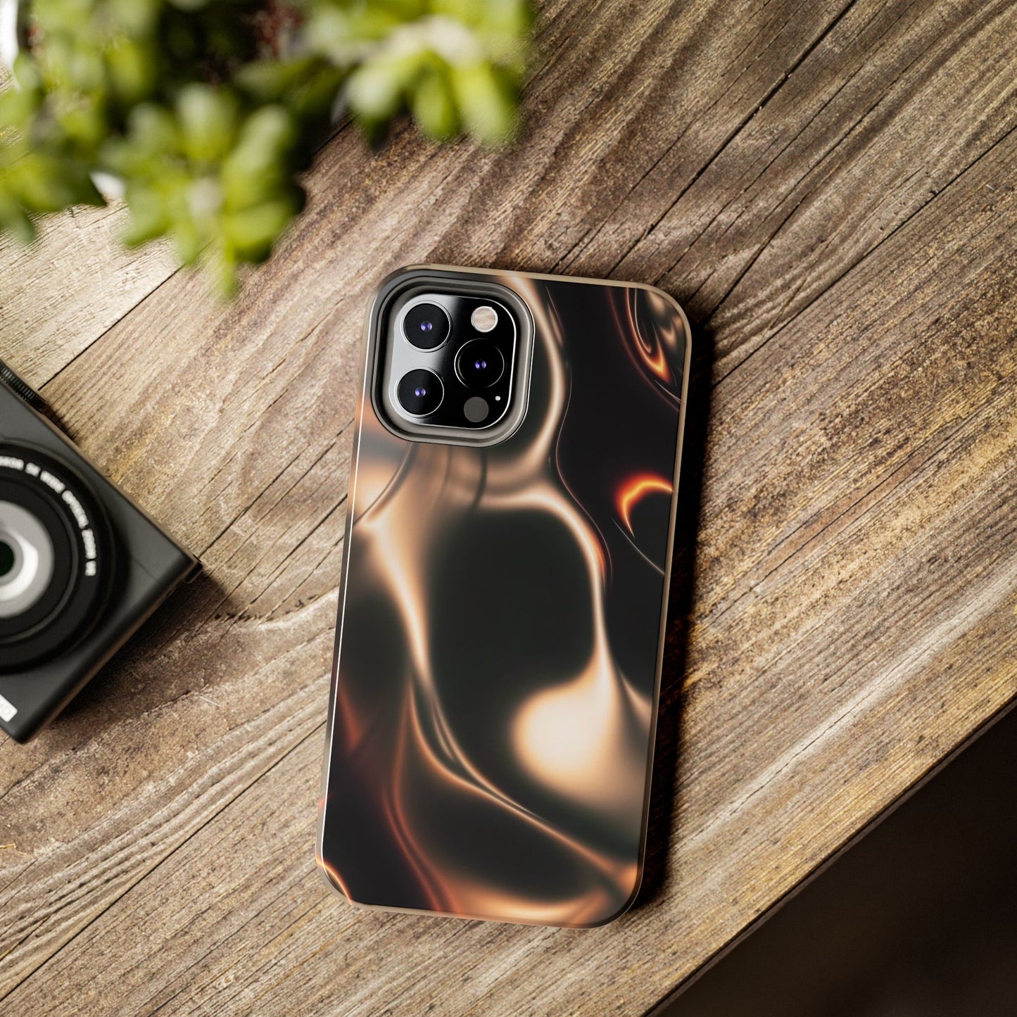 Abstract Liquid Glow Tough Phone Case — Black & Bronze Swirl Protective Cover