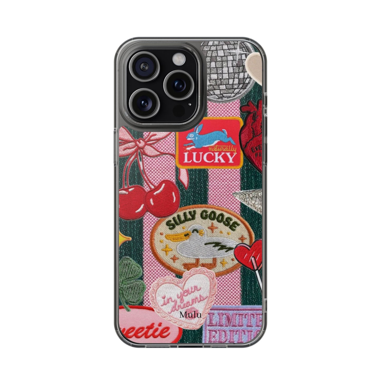 Clear Impact-Resistant Phone Case — Retro Patchwork Stickers (Lucky, Cherries, Silly Goose)