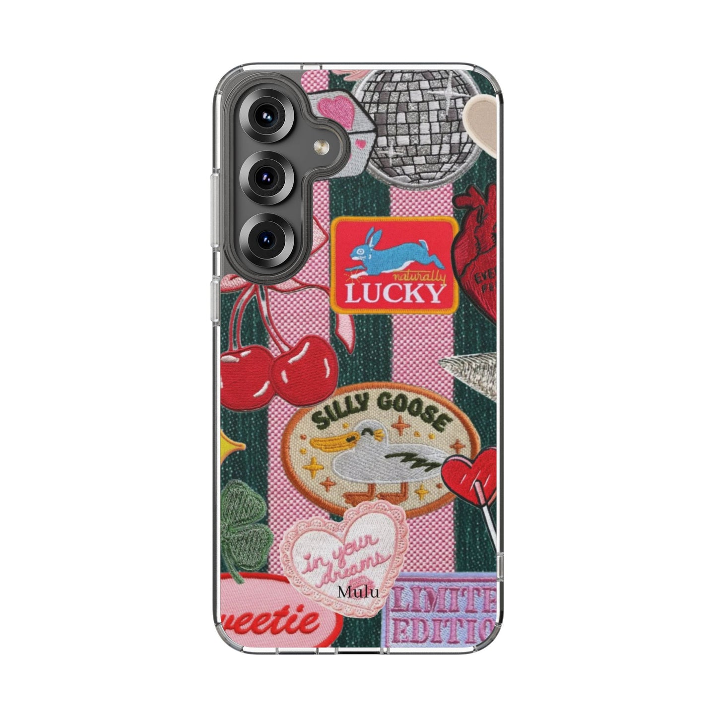 Clear Impact-Resistant Phone Case — Retro Patchwork Stickers (Lucky, Cherries, Silly Goose)