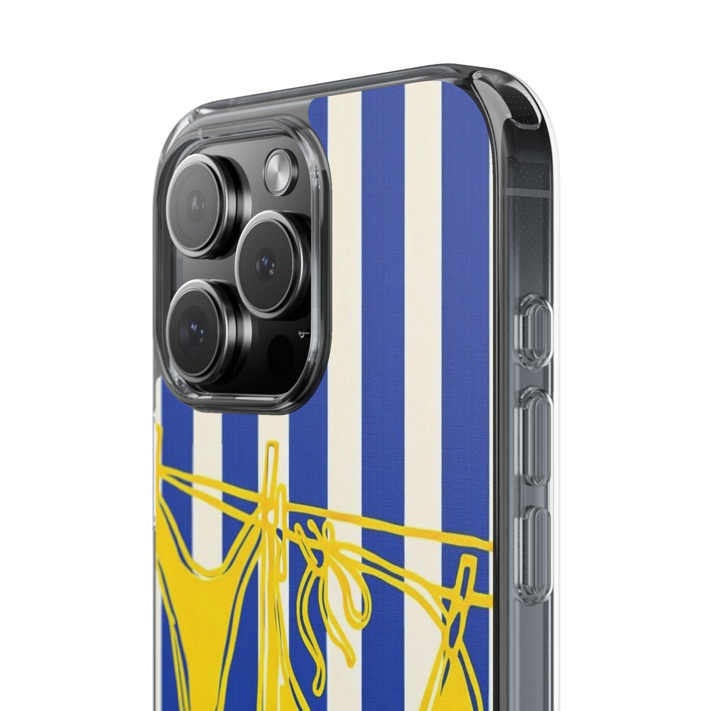 Striped Beach Bikini Phone Case — Yellow Swimwear on Blue & White Stripes, Clear Impact-Resistant