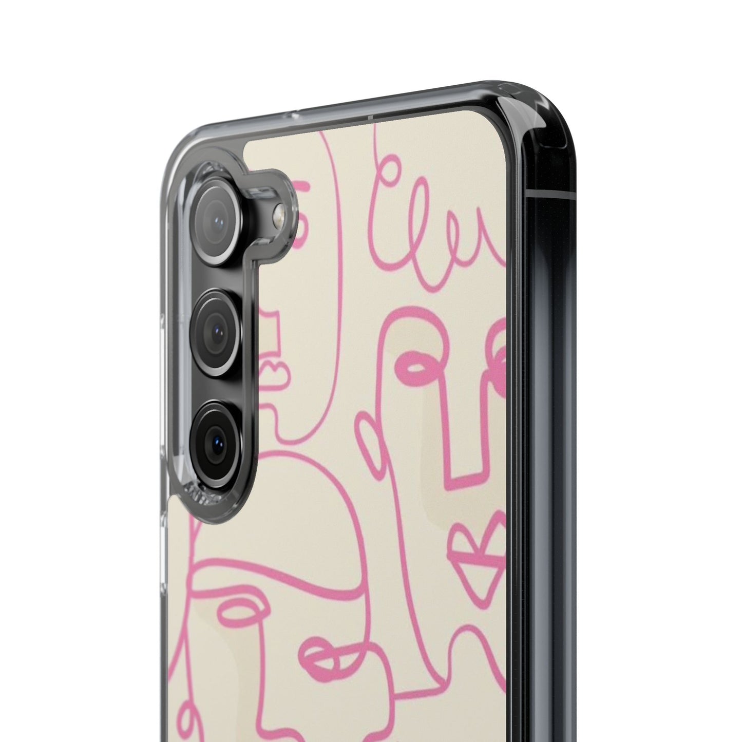 Clear Impact-Resistant Phone Case — Pink Minimalist Line Faces Design