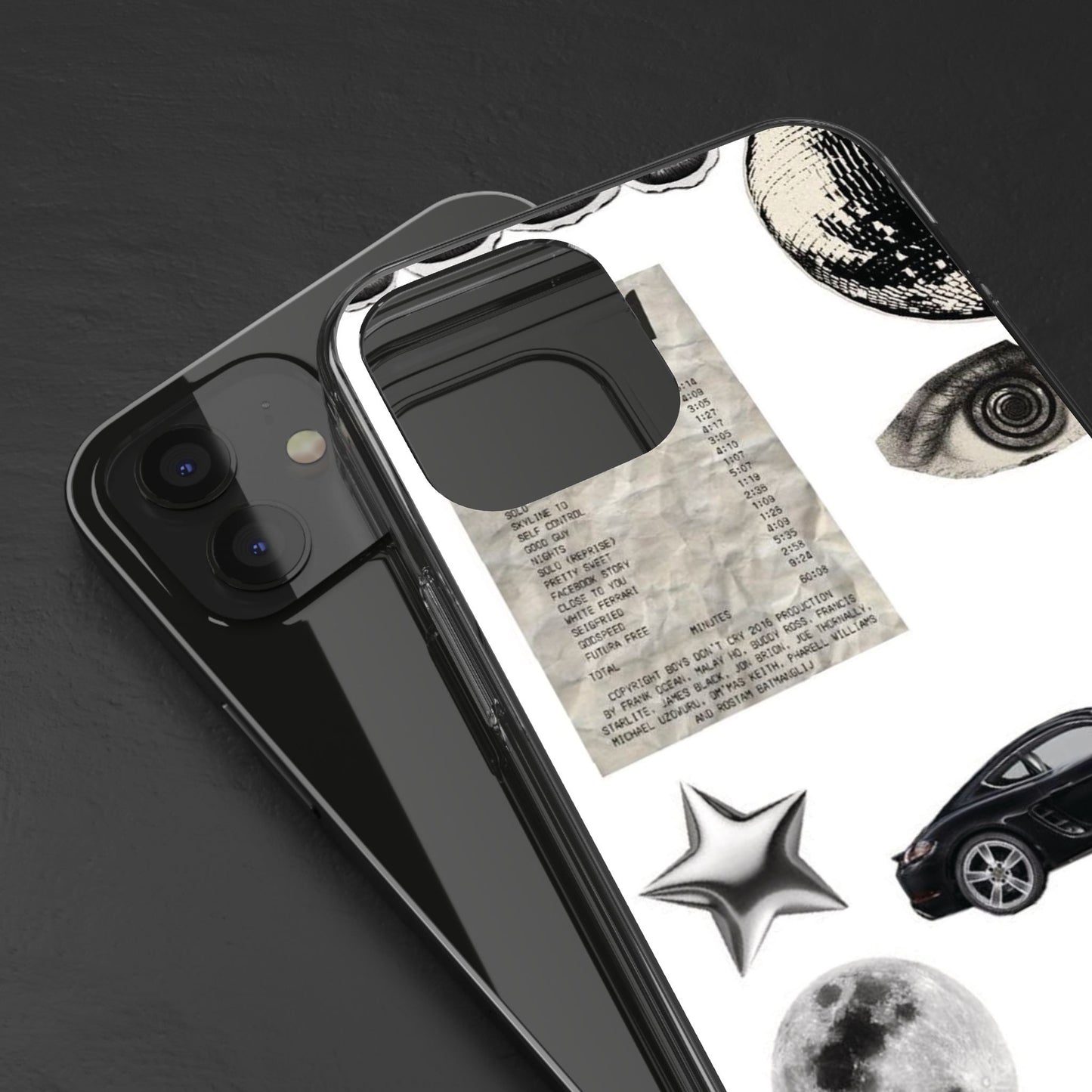 Clear Phone Case — Vintage Collage Stickers (Moon, Eye, Car, Cherries)