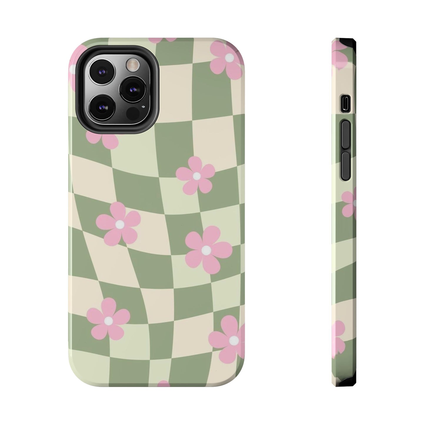 Tough Phone Case — Retro Green Checkerboard with Pink Flowers