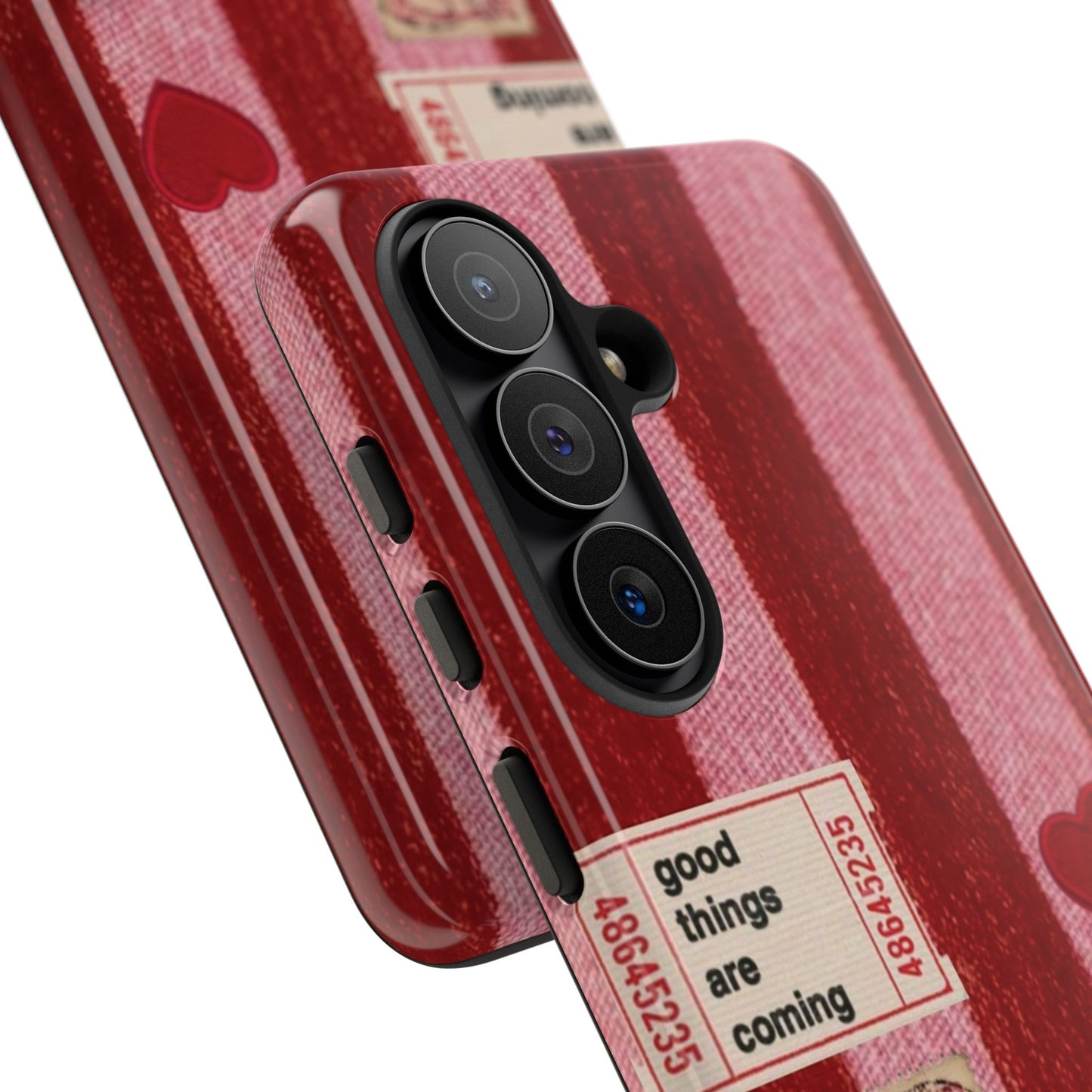 Phone Case — Red Striped Heart Design with “Good Things Are Coming”