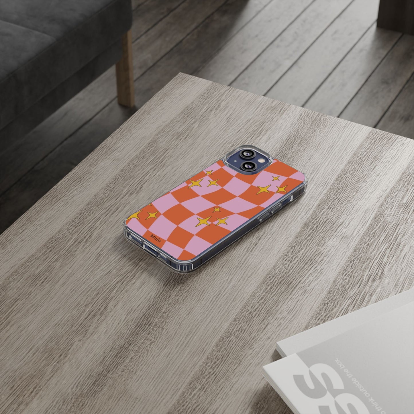 Clear Impact-Resistant Case — Retro Pink & Orange Checker with Sparkle Stars