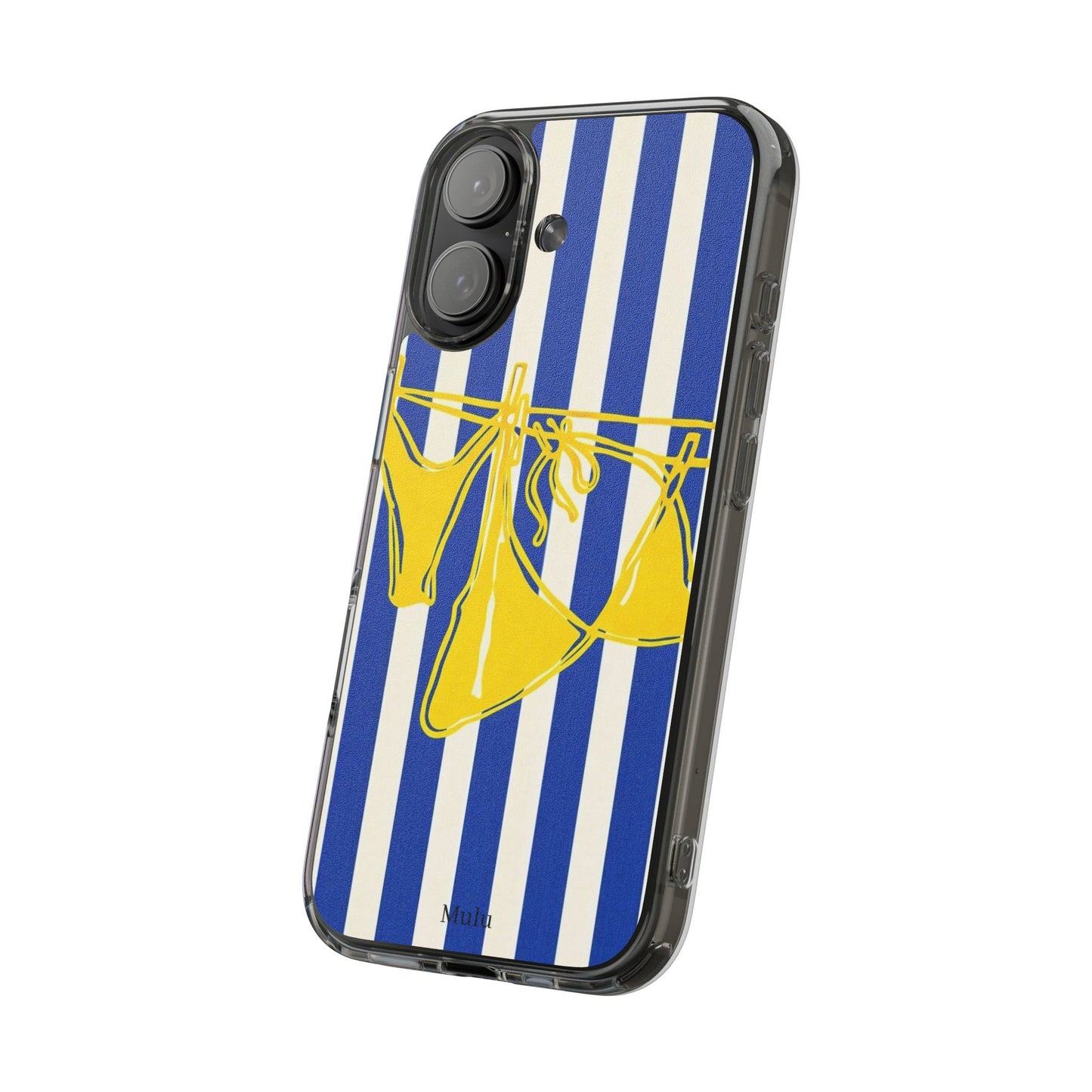Striped Beach Bikini Phone Case — Yellow Swimwear on Blue & White Stripes, Clear Impact-Resistant