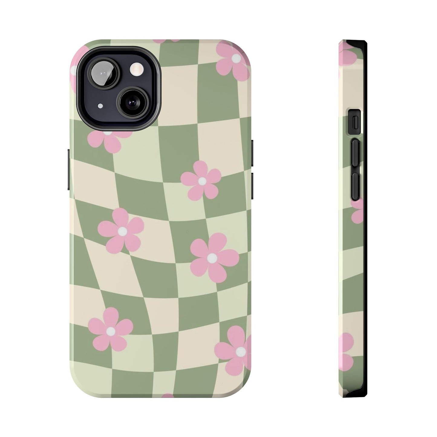 Tough Phone Case — Retro Green Checkerboard with Pink Flowers