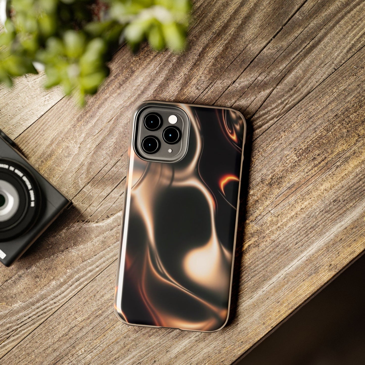 Abstract Liquid Glow Tough Phone Case — Black & Bronze Swirl Protective Cover