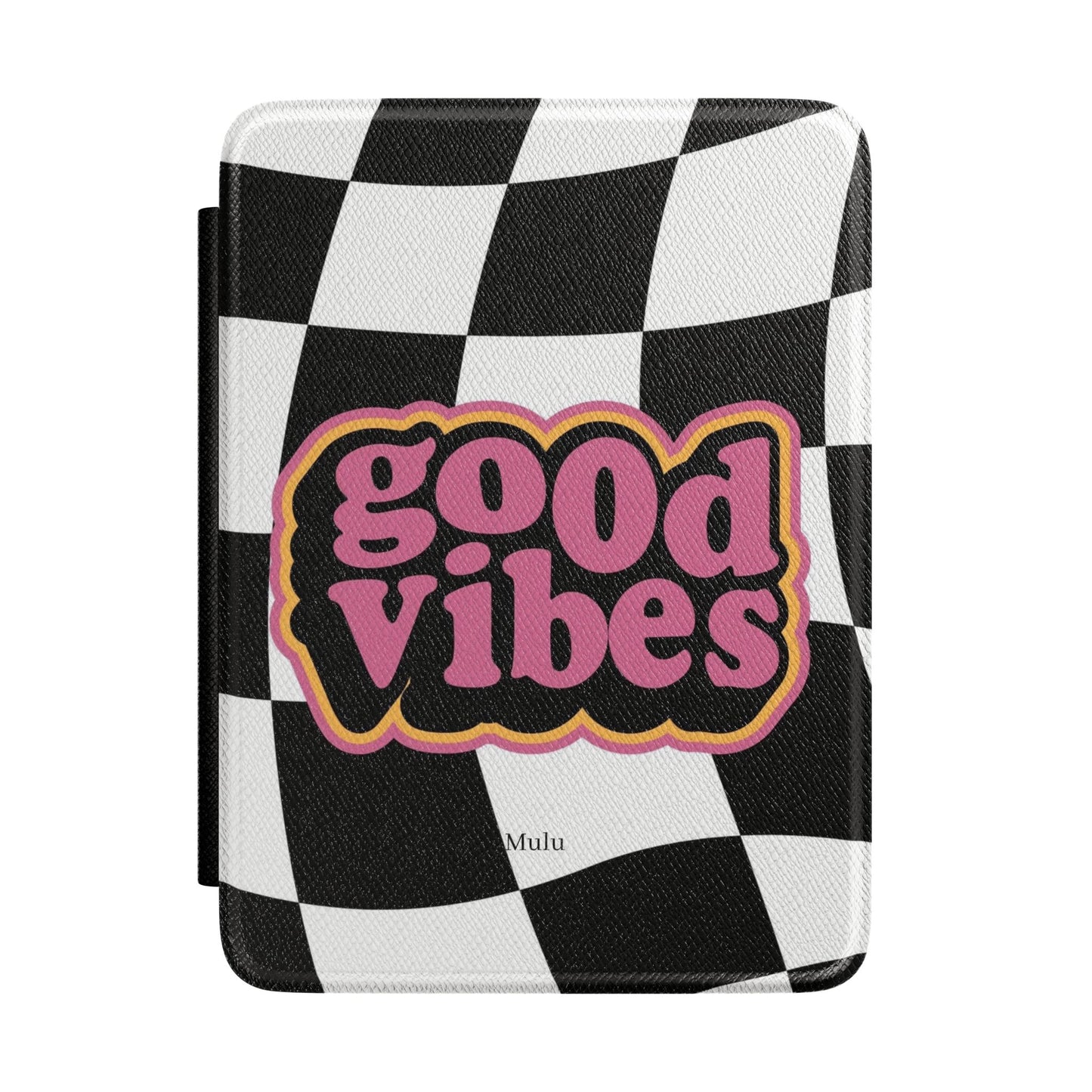 Good Vibes Checkerboard Kindle Case — Retro Pink Typography eReader Cover