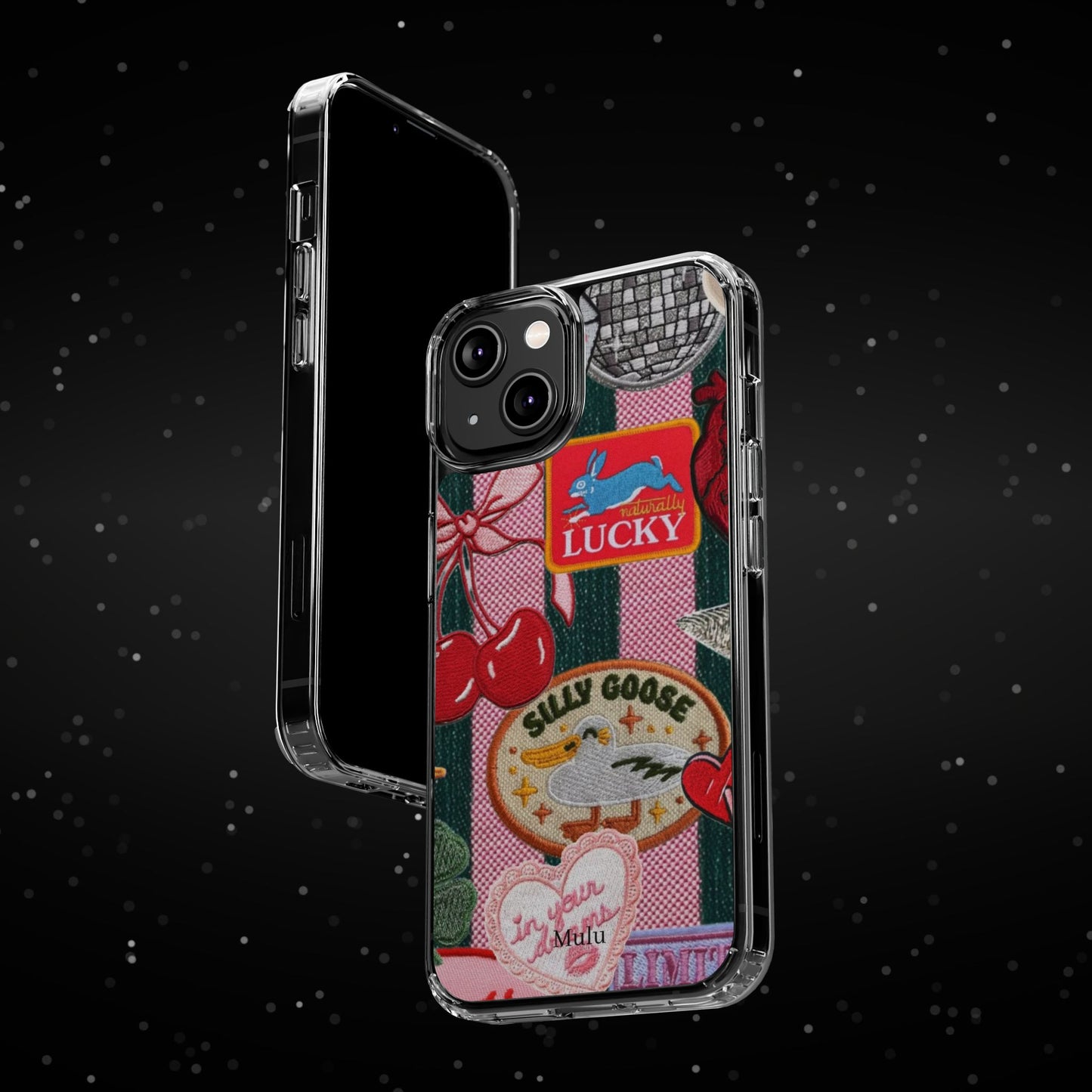 Clear Impact-Resistant Phone Case — Retro Patchwork Stickers (Lucky, Cherries, Silly Goose)