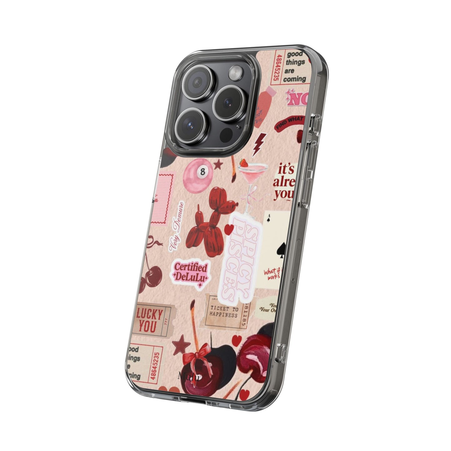 Clear Impact-Resistant Phone Case — Retro Cherry & Sticker Collage