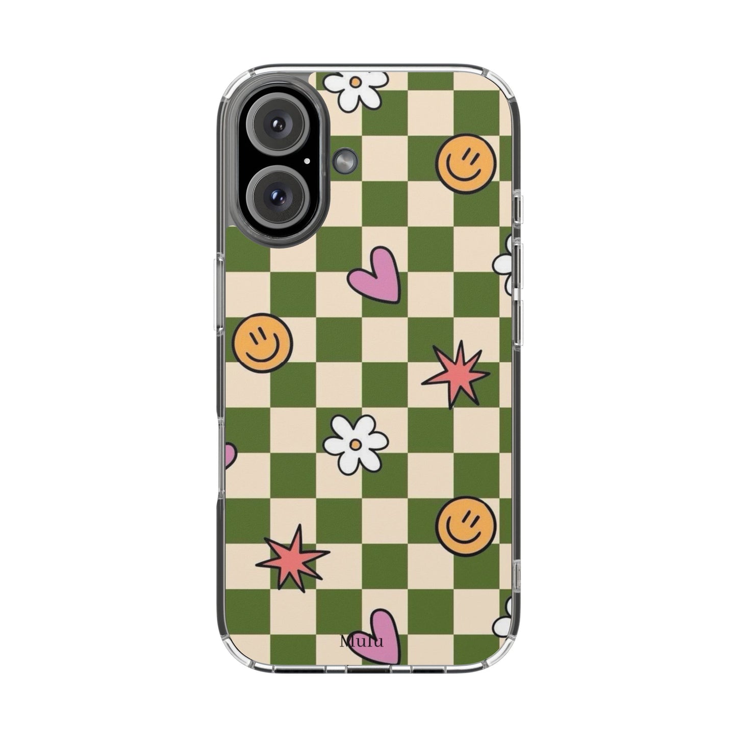 Clear Impact-Resistant Case — Retro Green Checkerboard with Smiley, Hearts & Flowers
