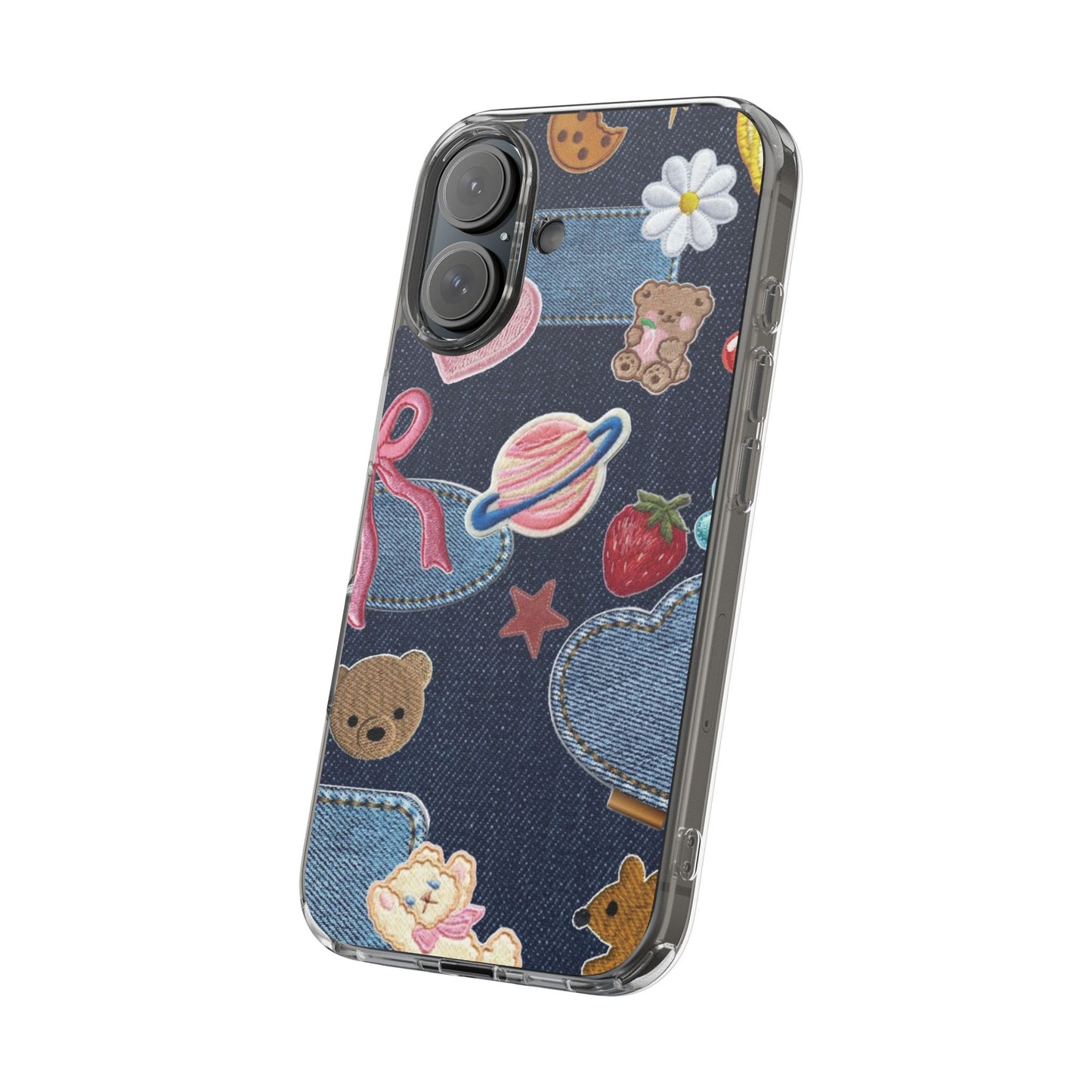 Clear Impact-Resistant Phone Case — Cute Denim Patch Collage (Teddy, Strawberry, Planet)