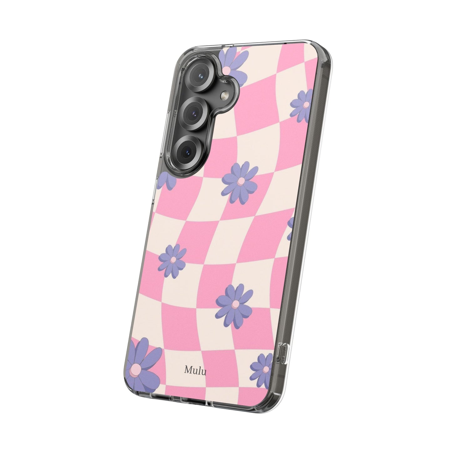 Clear Impact Phone Case — Pink Checkerboard with Purple Flowers