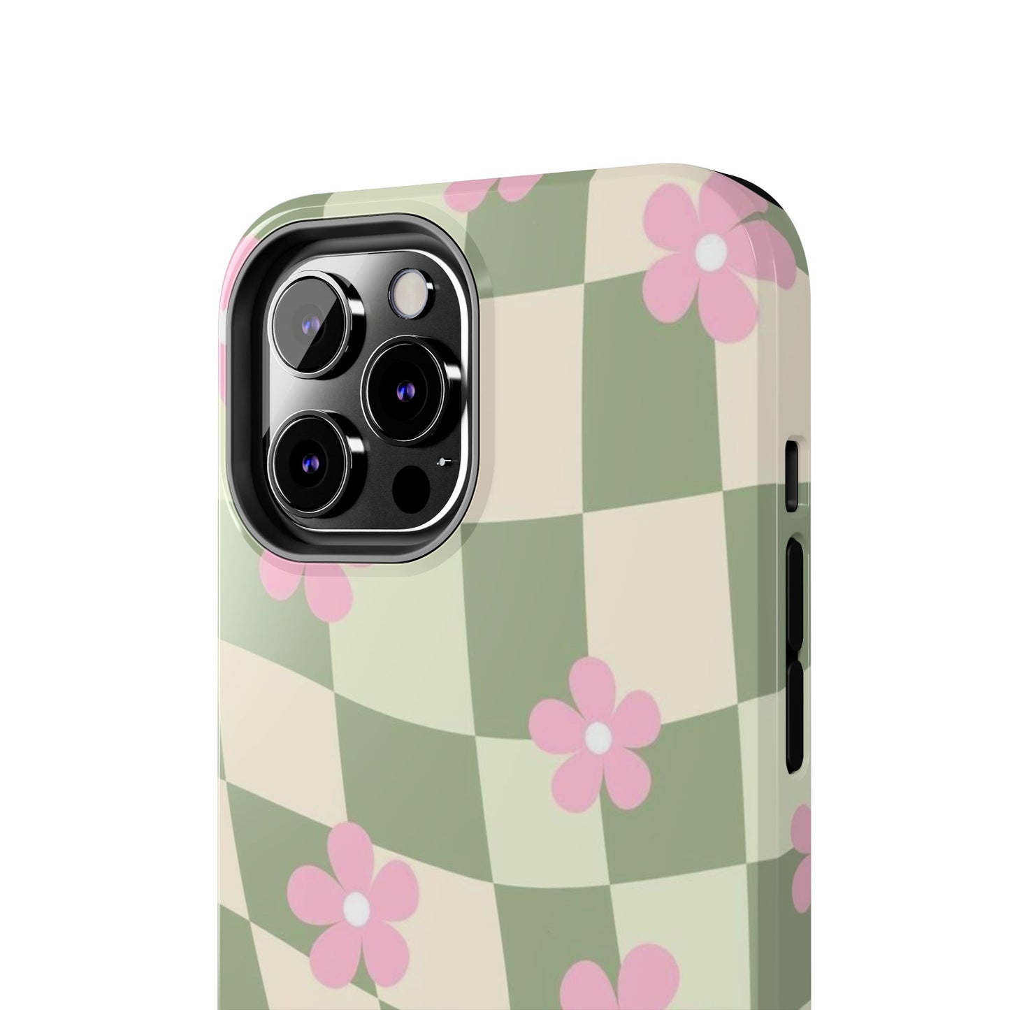 Tough Phone Case — Retro Green Checkerboard with Pink Flowers