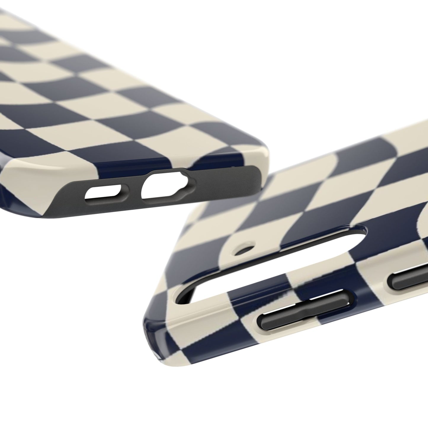 Wavy Checkerboard Tough Phone Case — Navy & Cream Protective Cover