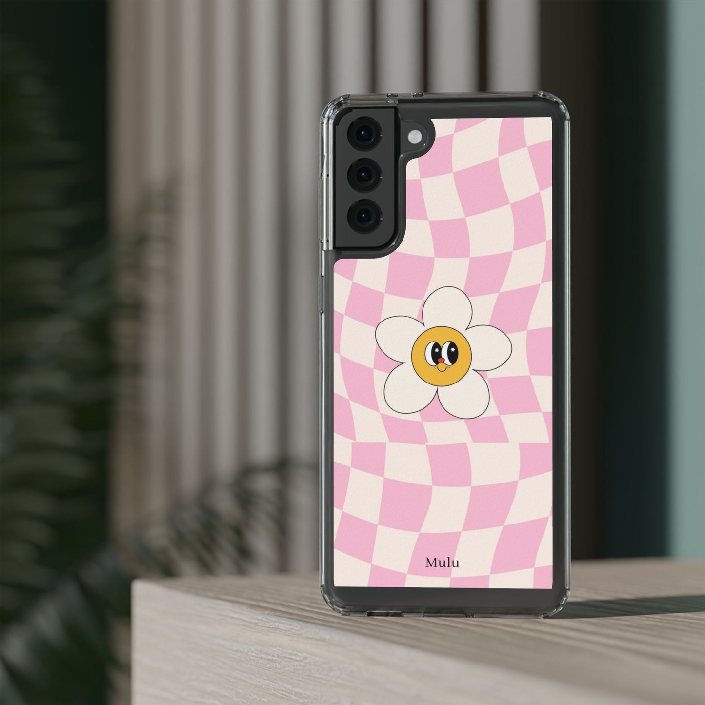 Clear Impact-Resistant Phone Case — Pink Checkerboard Daisy Design
