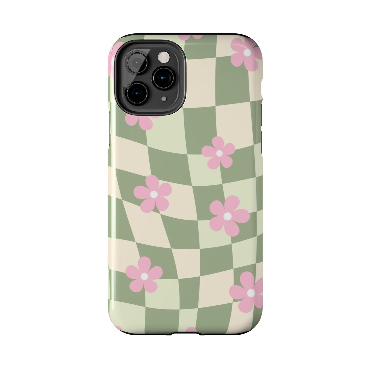 Tough Phone Case — Retro Green Checkerboard with Pink Flowers