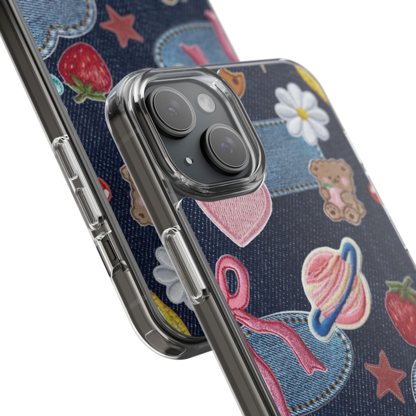 Clear Impact-Resistant Phone Case — Cute Denim Patch Collage (Teddy, Strawberry, Planet)