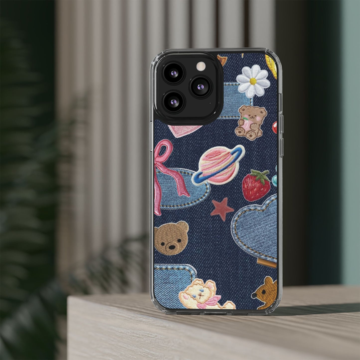 Clear Impact-Resistant Phone Case — Cute Denim Patch Collage (Teddy, Strawberry, Planet)