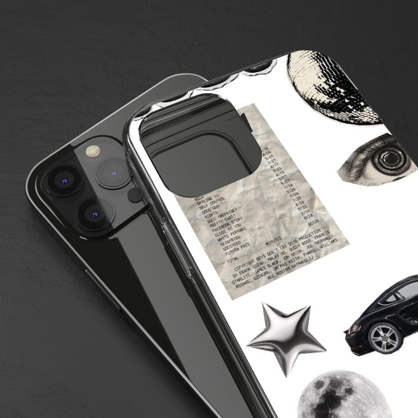 Clear Phone Case — Vintage Collage Stickers (Moon, Eye, Car, Cherries)