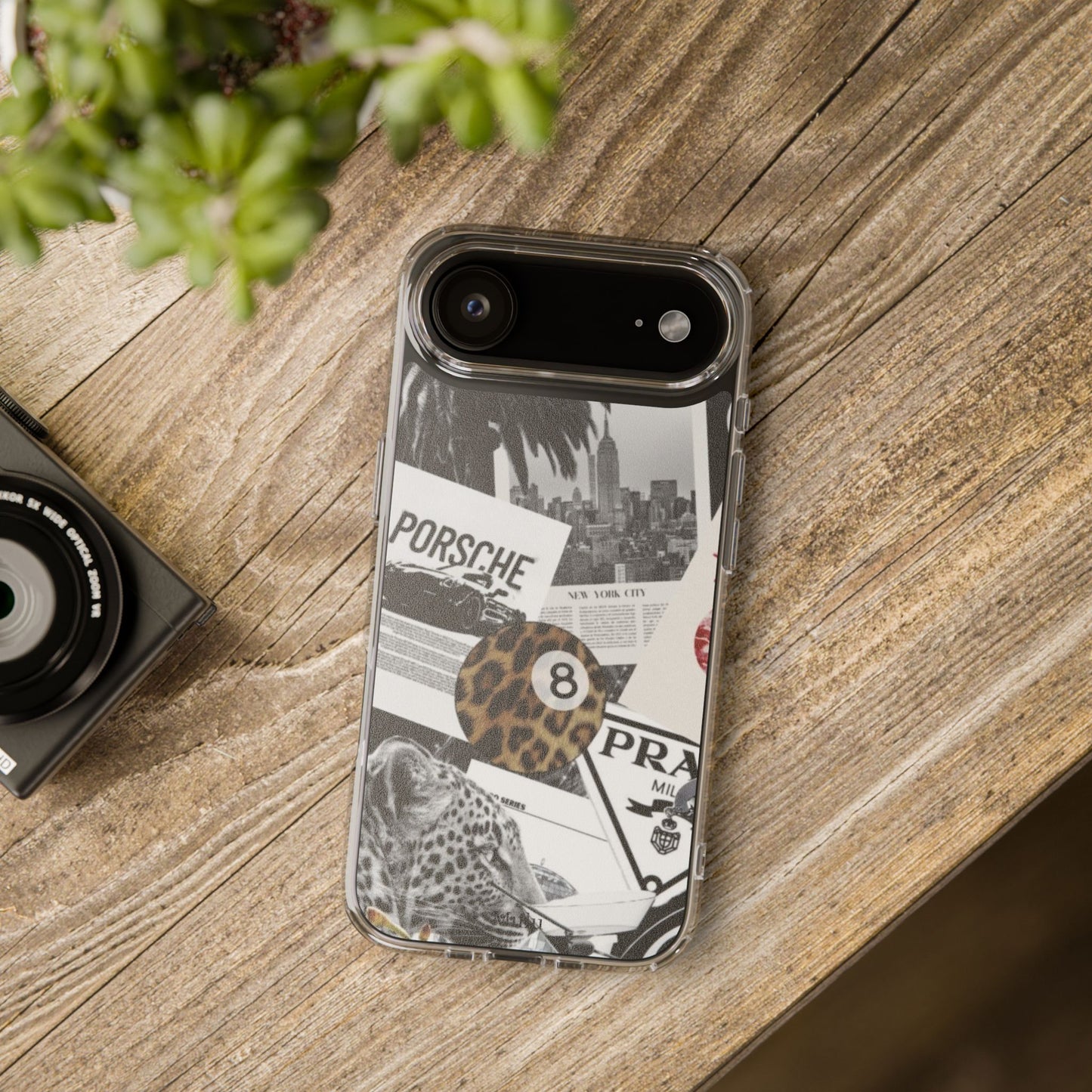 Clear Impact-Resistant Phone Case — Collage Luxury Leopard & Vintage Car Design