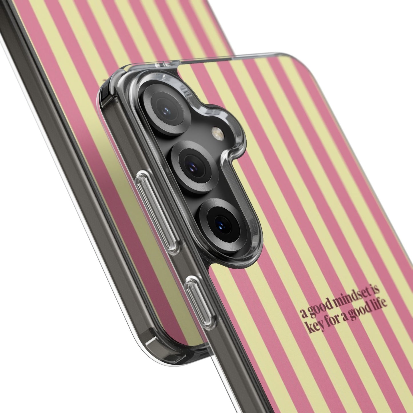 Striped Clear Phone Case — "A Good Mindset Is Key for a Good Life" Motivational iPhone Case