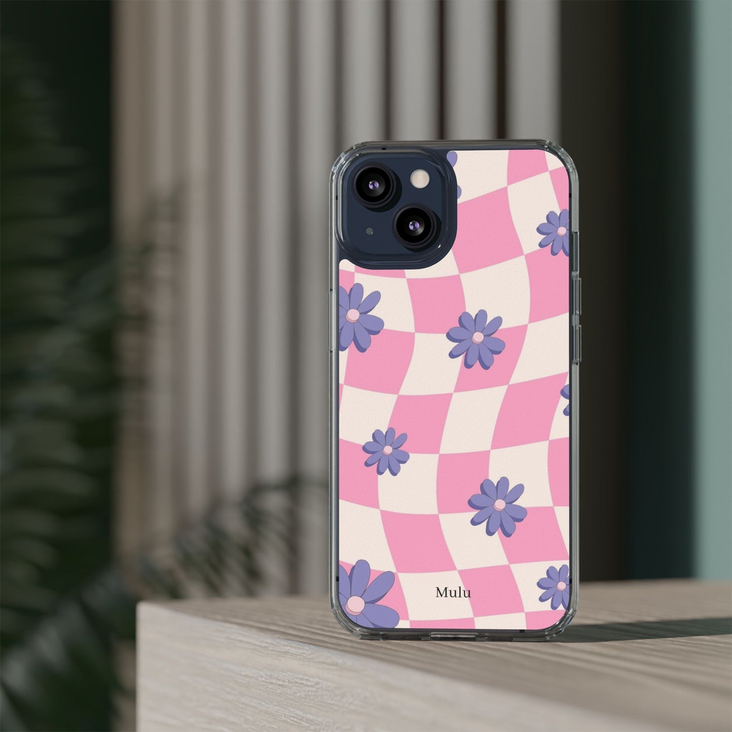 Clear Impact Phone Case — Pink Checkerboard with Purple Flowers