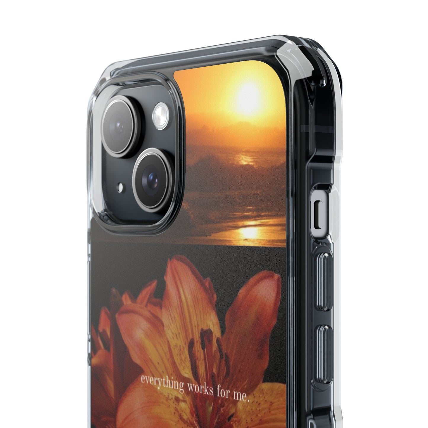 Clear Magnetic Phone Case — Sunset Lily Design ("anything waits for you")