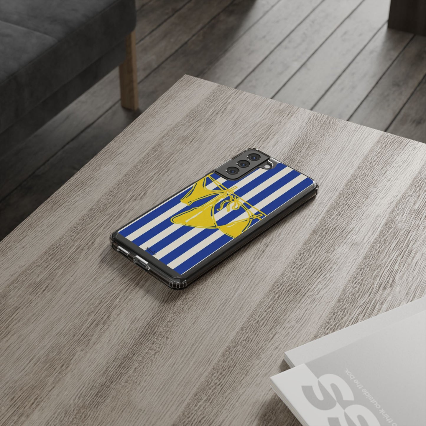 Striped Beach Bikini Phone Case — Yellow Swimwear on Blue & White Stripes, Clear Impact-Resistant