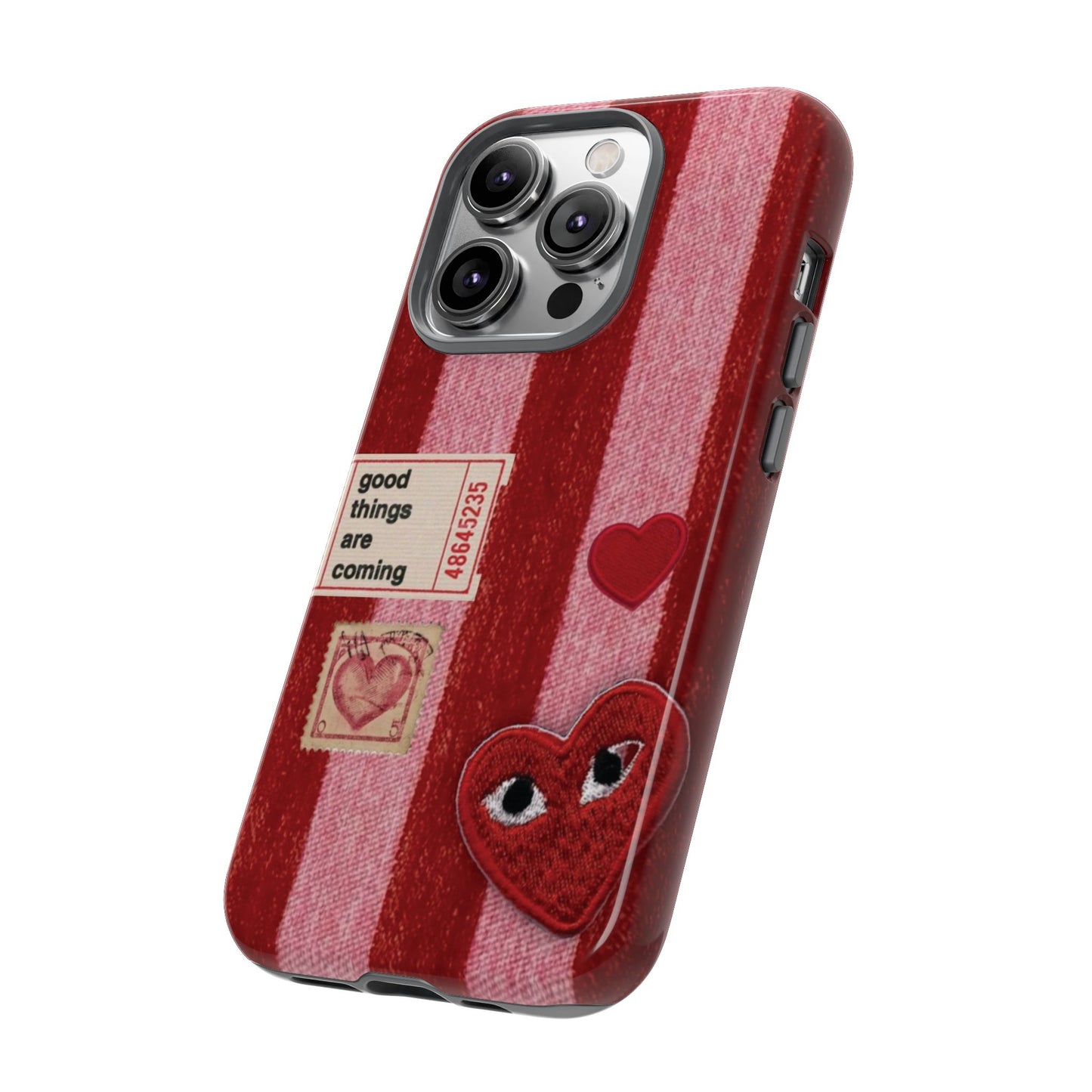 Phone Case — Red Striped Heart Design with “Good Things Are Coming”