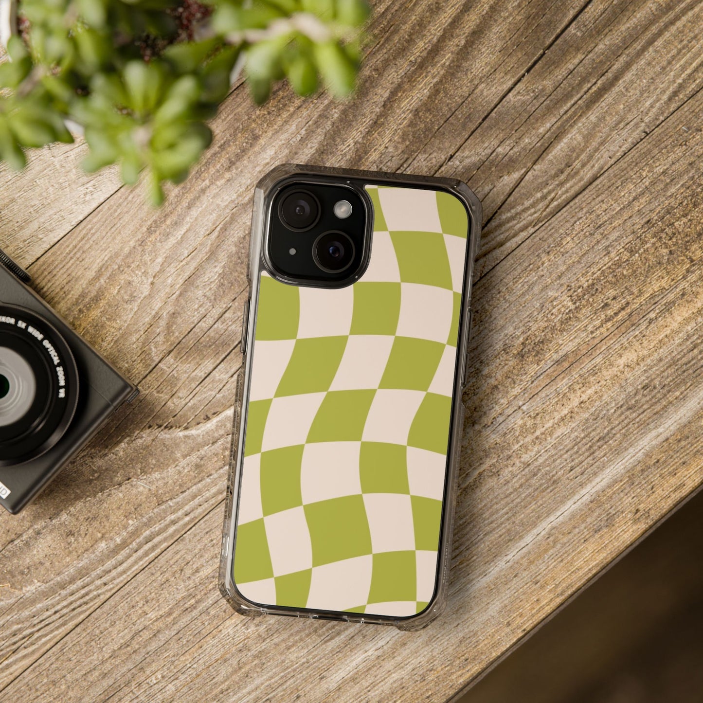Clear Magnetic Phone Case — Olive Retro Check Pattern