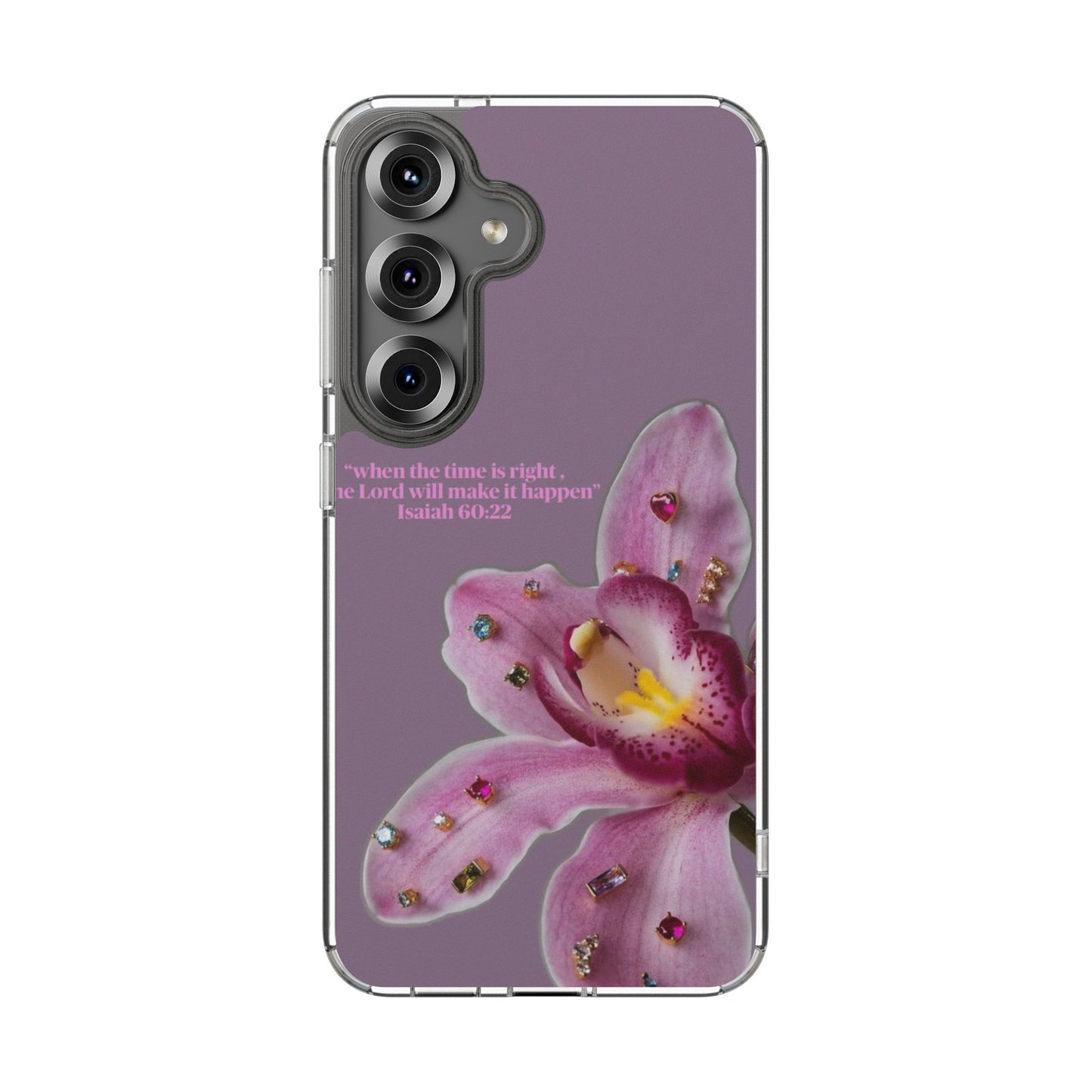 Clear Floral Impact-Resistant Phone Case — "When the time is right" Rose Orchid Design