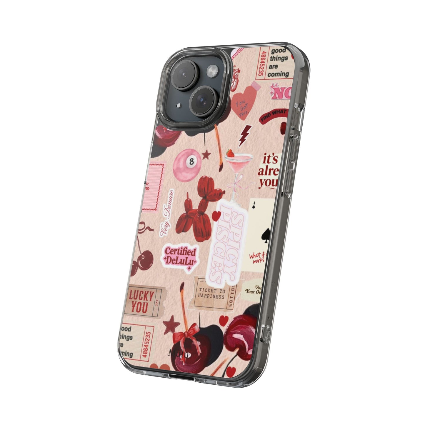 Clear Impact-Resistant Phone Case — Retro Cherry & Sticker Collage