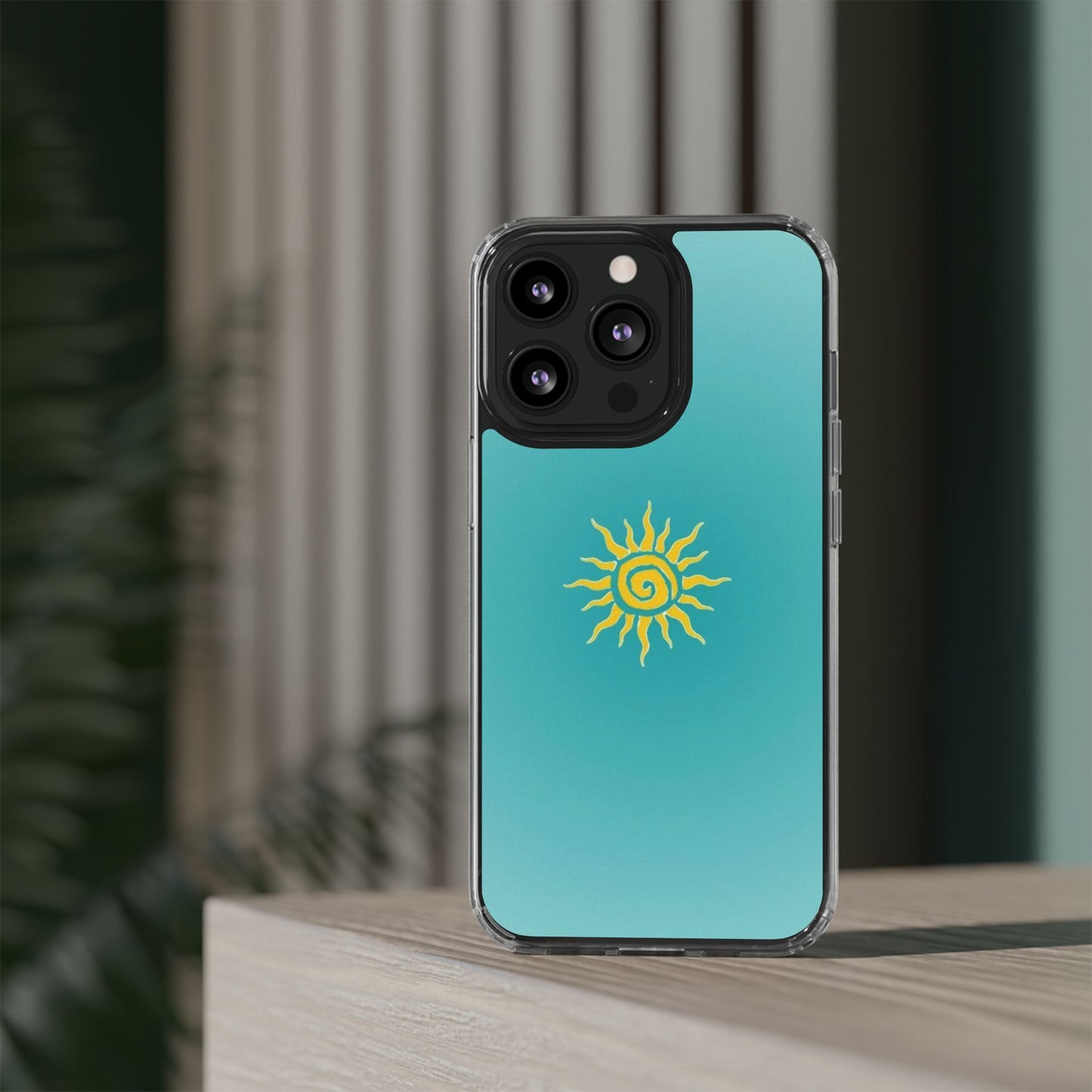 Clear Impact-Resistant Phone Case — Yellow Sun on Teal Gradient