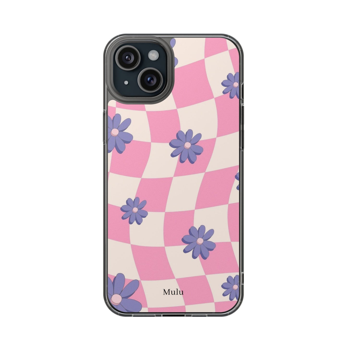 Clear Impact Phone Case — Pink Checkerboard with Purple Flowers