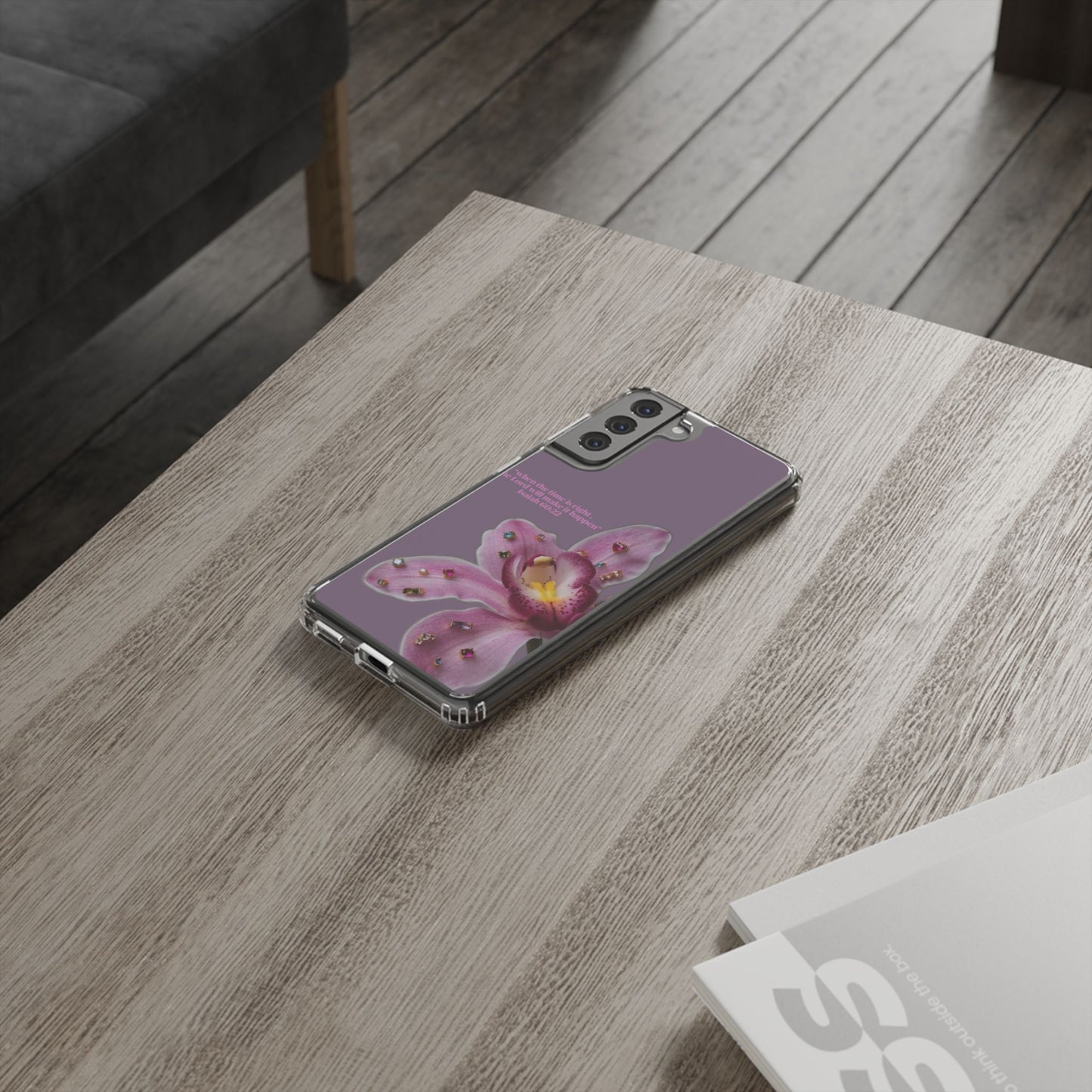 Clear Floral Impact-Resistant Phone Case — "When the time is right" Rose Orchid Design